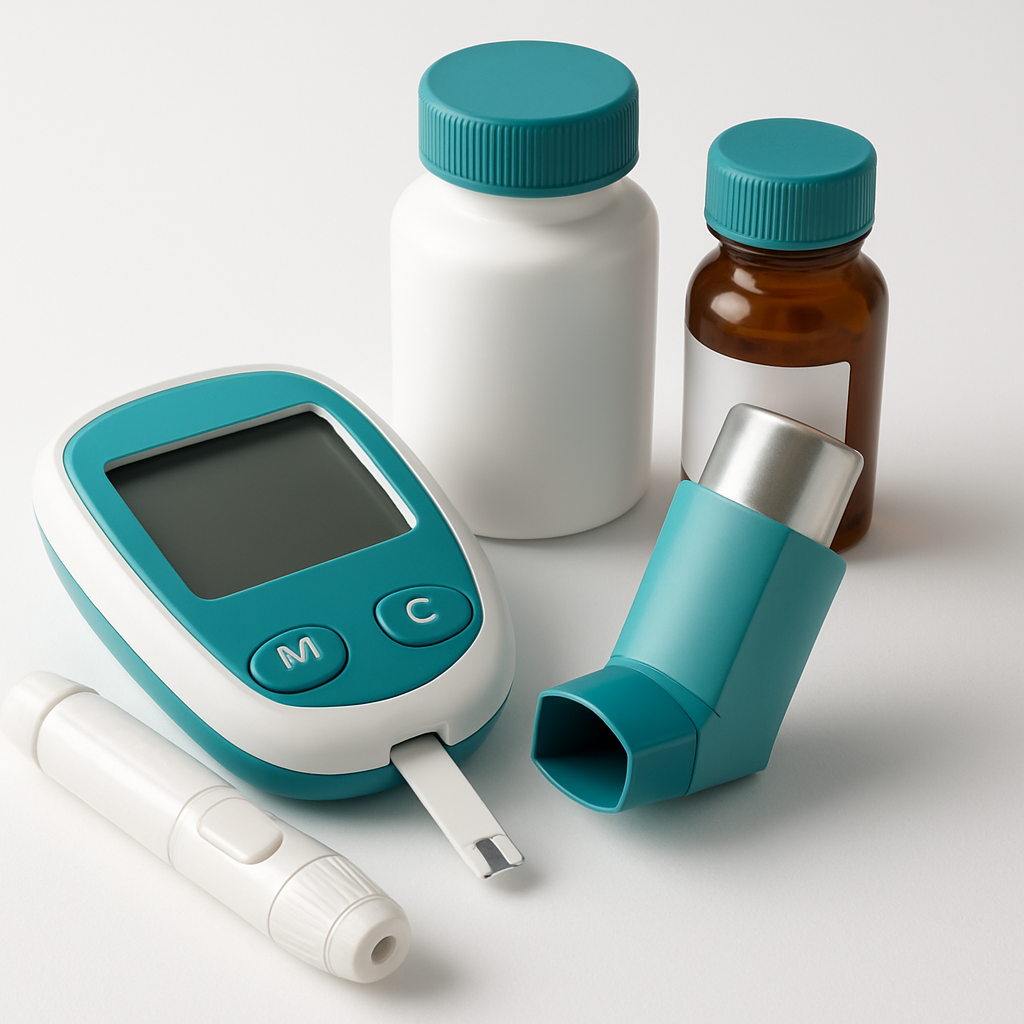 Medical equipment for chronic disease monitoring including glucose monitor and asthma inhaler