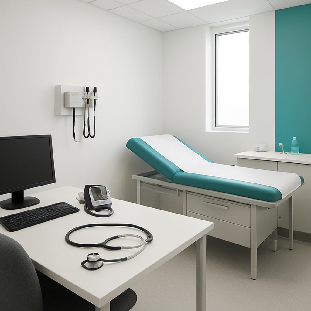 Doctor's consulting room with medical equipment at Park Avenue Medical Centre